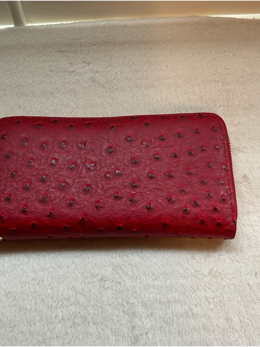 Red Ostrich-Texture Zip-Around Wallet